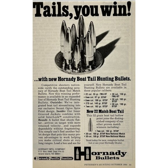 Hornady Boat Tail Print Ad Vintage 1980 Hunting Bullets Tails You Win - Picture 6 of 6